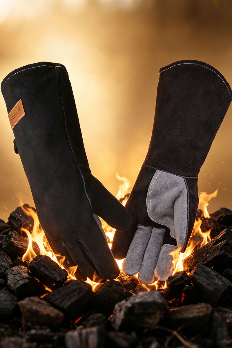 WZQH 40 CM / 16 in, Leather Barbecue Gloves, Fire and Heat Resistant Mitts for Welding, Firefighting, Fireplace, Oven, Baking, Stove, Pot Holder, Animal Handling. Grey-Black Large Fireproof Glove
